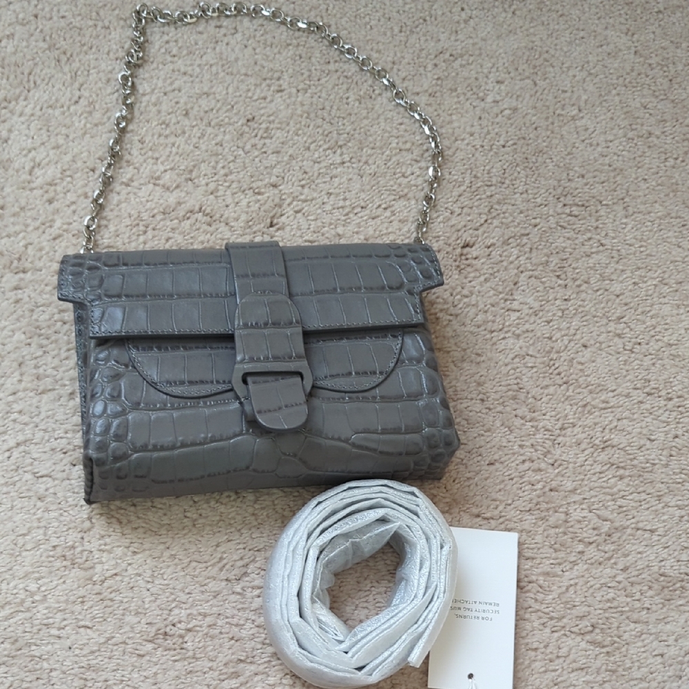 Gray Crocodile-Embossed Chain Shoulder Bag